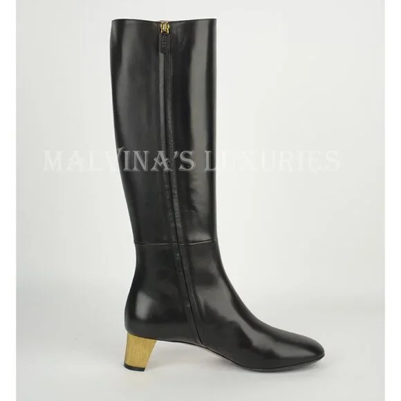 GUCCI BOOTS TALL ARIELLE GOLD MOON CRYSTAL HEEL BLACK LEATHER sz 37.5 7.5